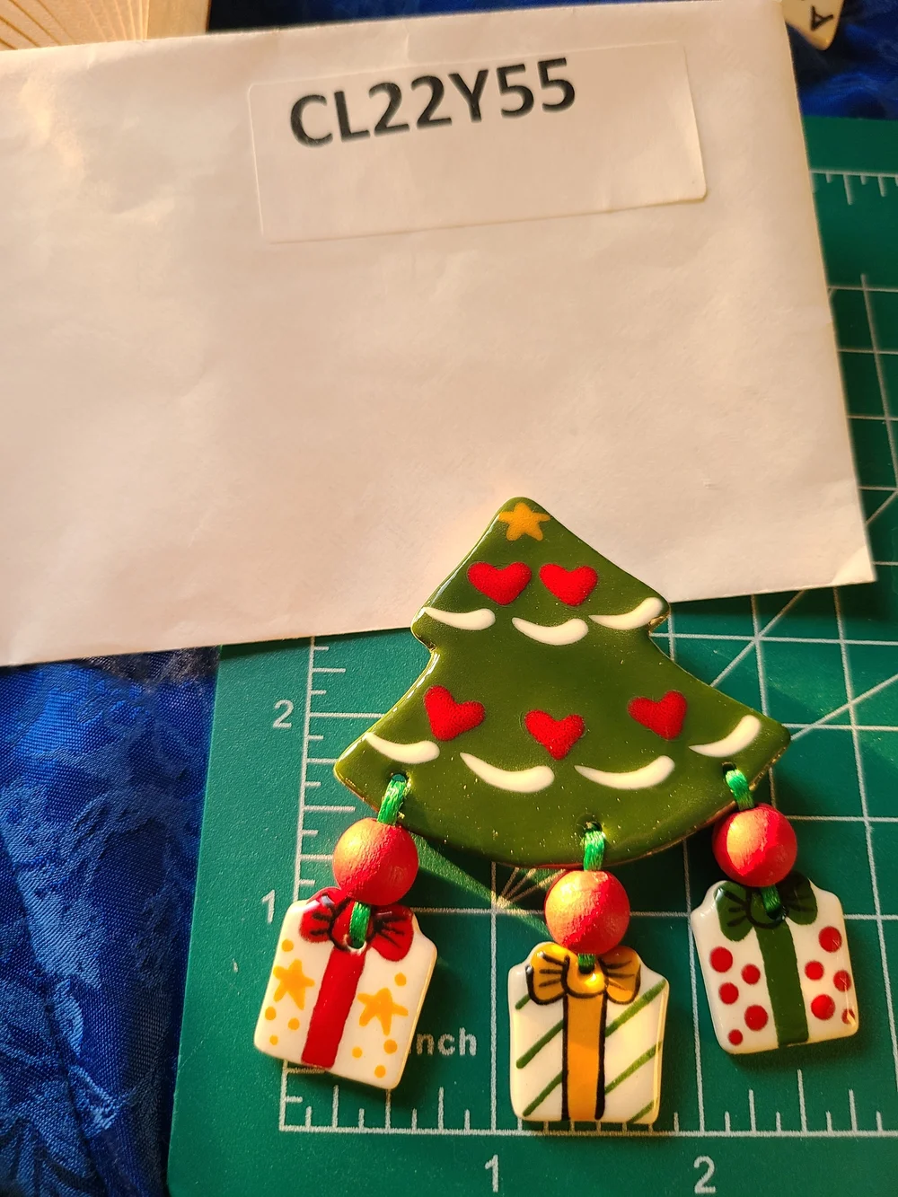 Vintage Green and Red Christmas Tree Brooch with Gift Charms